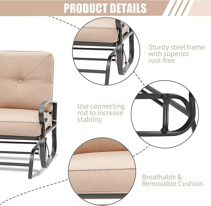 Patio Bench, Porch Glider Outdoor Swing Glider Rocking Loveseat, Steel Frame Chair with Thick Cushion (Brown)