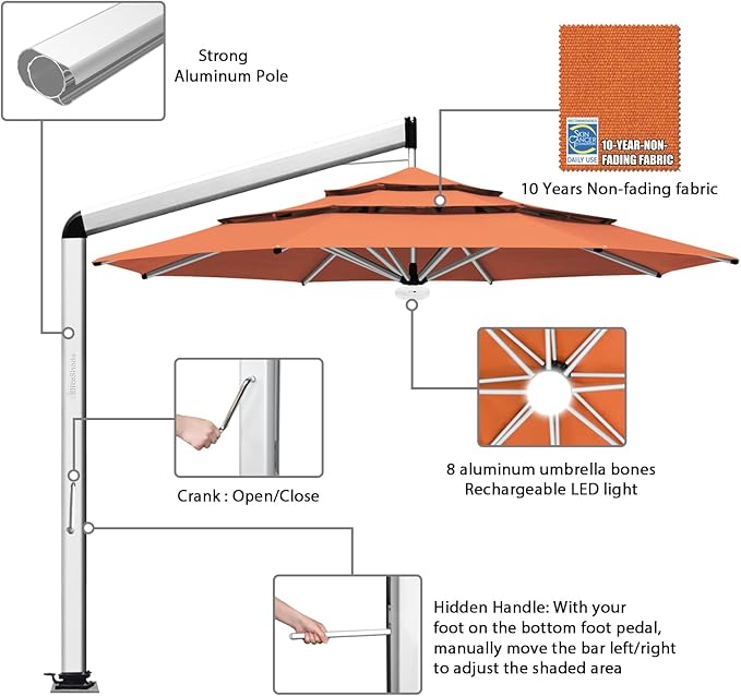 EliteShade USA Atlas 3-Tier 11FT Full Aluminum Cantilever Patio Umbrella for Outdoor Restaurant Garden Courtyard Deck Pool and Marketing with Light (No battery), Rust