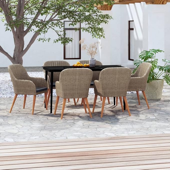 Garden Dining Set, 6 Person Outdoor Patio Dining Table with Black Glass Top, Brown Poly Rattan Rectangular Table for Backyard and Deck, 55.1 Inch