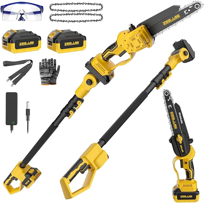ZEGJAW 2-IN-1 Cordless Pole Saw & 8 Inch Mini Chainsaw, with 2 Pack 3.0Ah Battery and Charger, Electric Pole Saw for Tree Trimming with Adjustable Extension Pole