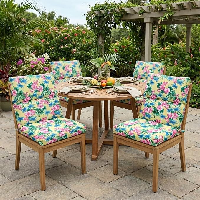 BrylaneHome Bh Performance Universal Chair Cushion - Navy Tropical Leaves