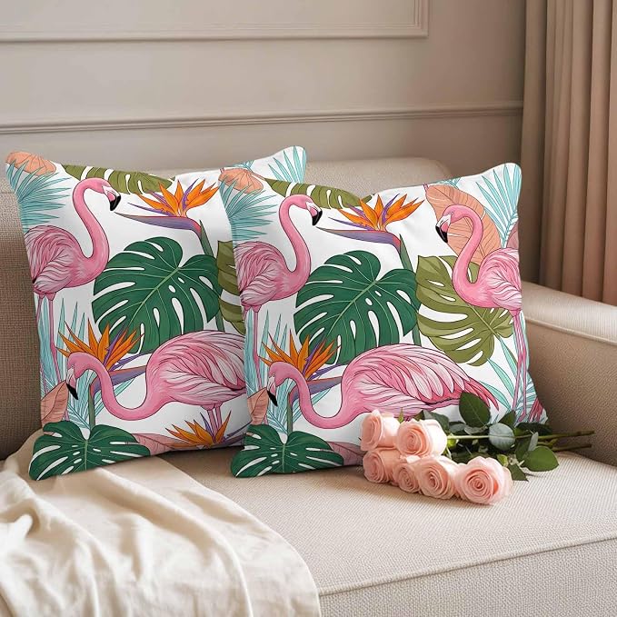 Pink Flamingos Outdoor Pillow Covers 18"x18" Set of 2, Watercolor Monstera Leaf Green Tropical Plant Waterproof Throw Pillow Covers for Patio Furniture, Decorative Cushion Covers for Porch