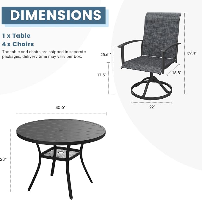 DIFY 5 Pieces Outdoor Dining Set for 4, 40.6" Black Round Metal Table with Umbrella Hole and Dark Grey Textilene Swivel Patio Chairs, Patio Table and Chairs Set for Garden, Backyard, Poolside