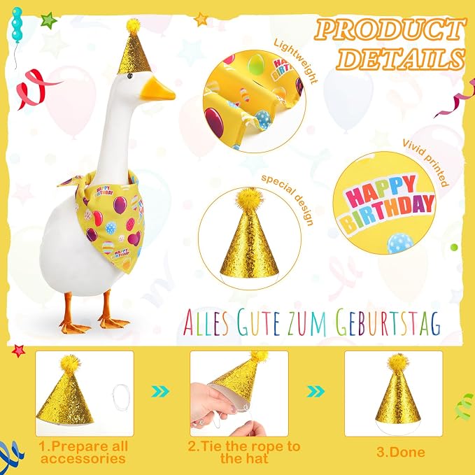 Happy Birthday Goose Outfit with Glitter Hat and Bandana,Yellow | for 23" 17" Cement Plastic Porch Goose, Outdoor Statue Patio Yard Lawn Art