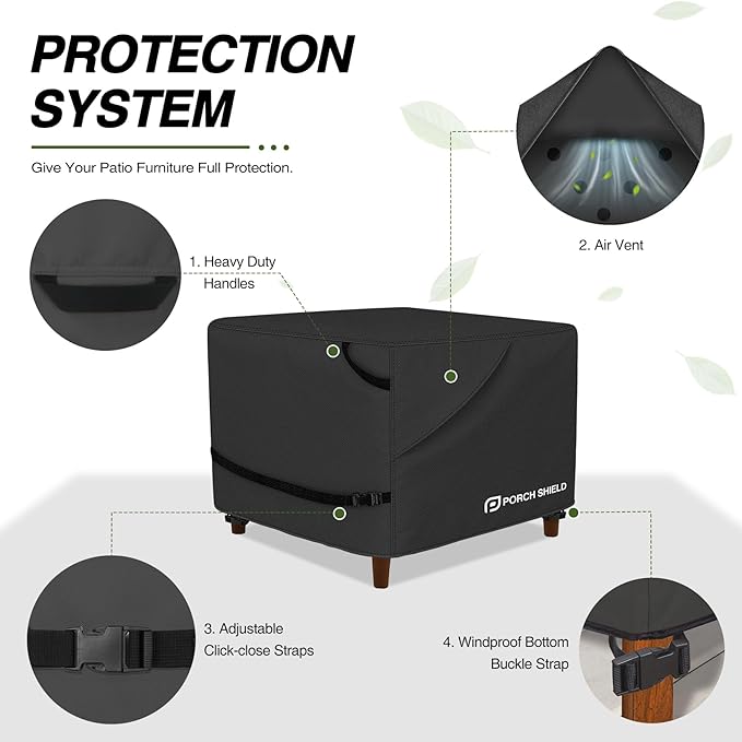 Porch Shield Patio Ottoman Cover - Waterproof Outdoor Square Side Table Covers – 18L x 18W x 18H inch, Black