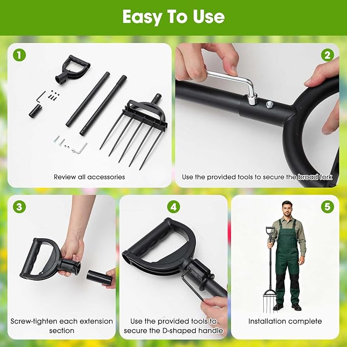 Broadfork Garden Tool, 51IN Pitch Fork for Gardening 5-Tine Heavy Duty Garden Fork with Ergonomic D-Grip Handle for Digging Loosening Soil Cultivating Weeding Composting