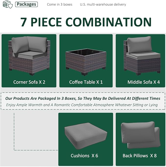 7 Pieces Outdoor Patio Furniture Set,Outdoor Sectional Furniture All Weather PE Rattan Wicker Patio Conversation Set with Coffee Table and 6 Thickened Cushions,Grey
