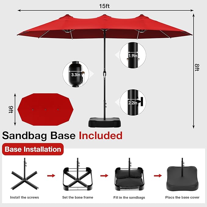 Joyside 15FT Large Patio Umbrella, Outdoor Double Sided Umbrella, Rectangle Umbrella with Crank Handle, 12 Sturdy Ribs for Deck, Porch and Pool