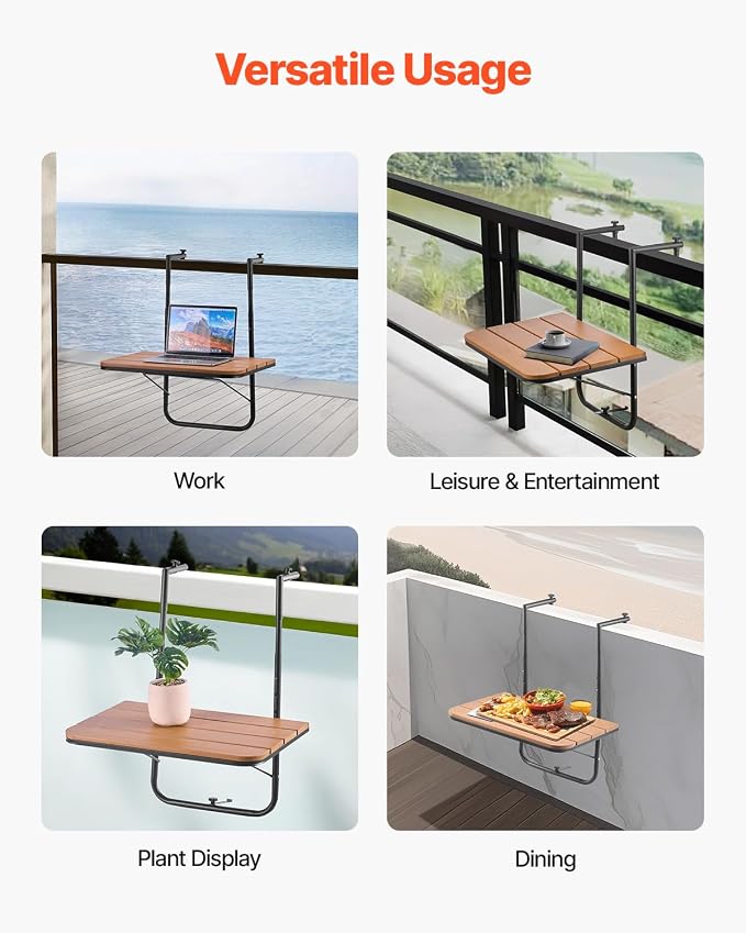 VEVOR Balcony Hanging Table, 23 x 16 inch, Outdoor Balcony Bar Table for Railings, 4-Level Adjustable, Fit Railing from 1" to 5.5", Serving Table for Patio & Deck