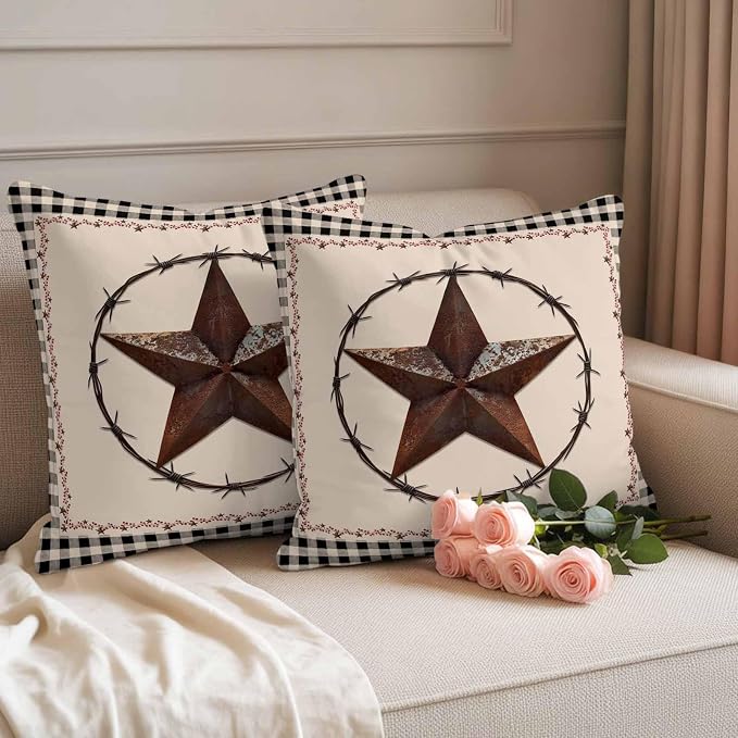 American Country Outdoor Waterproof Throw Pillow Covers Set of 2, 26"x26", Star Farmhouse Beige Black Buffalo Plaid Decorative Pillow Covers Outside Cushion Case for Patio Porch Garden
