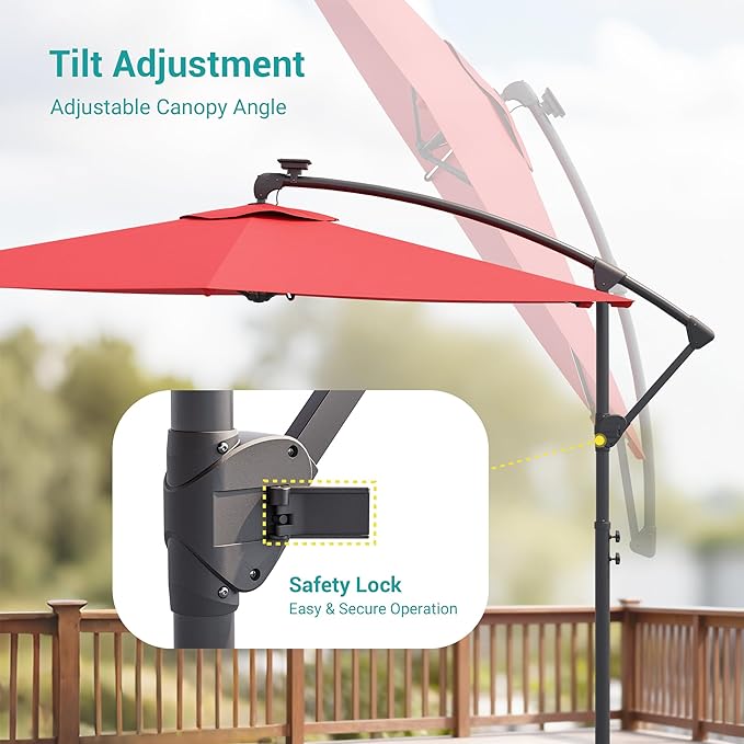 10ft Offset Patio Umbrella with Solar Light Strips,Outdoor Cantilever Hanging Umbrella with Cross Base, Fade Resistant Recycled Fabric, for Pool, Deck, Garden,Backyard,