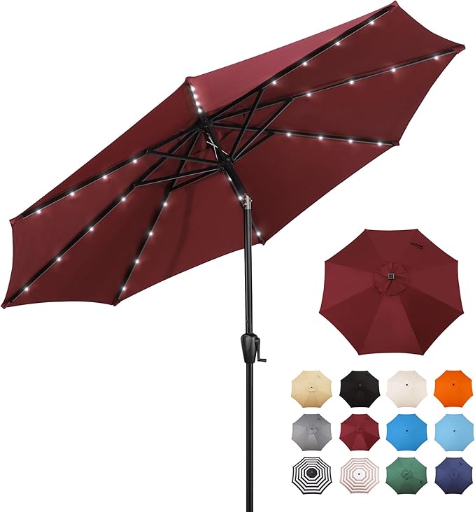 Sun-Ray 9' Round Patio Umbrella with 32 Solar Powered LED Lights, Push-Button Tilt and Hand Crank Lift, Solar Umbrella in Burgundy for Porch, Deck, and Patio