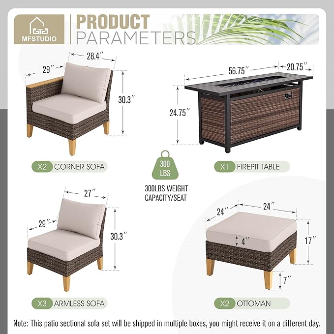 MFSTUDIO 7 Piece Wicker Patio Furniture Set with 56" Fire Pit Table, All-Weather PE Rattan Patio Sectional Sofa Conversation Set with 50000 BTU CSA Approved Fire Pit Table & Beige Cushion