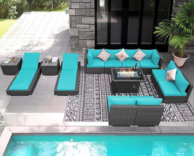 NICESOUL 13 Piece Outdoor Sectional w/Fire Pit Table, Luxury Modular Patio Furniture Set w/Chaise Lounge, Plus 29.3'' High-Back Seating Sofa, All-Weather Deck Couch for Poolside, Yard, Grey & Teal