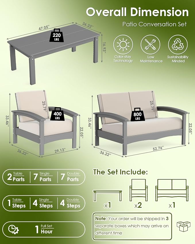 GREENVINES Deluxe 4-Piece Patio Furniture Set | HDPE Plastic | Outdoor Sectional Conversation Sets | All-Weather Couch | Sofa with Coffee Table | Black Frame w/Beige Cushion | for Porch Lawn | Gray