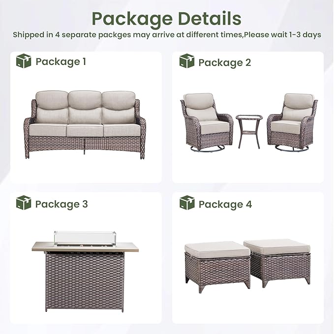 Luxury Patio Furniture Set with 6-inch Thick Cushion, Outdoor Furniture with Fire Pit Table, Swivel Chairs, Sofa, Side Table, Ottomans, 7pcs Wicker Conversation Set for Deck Yard and Poolside(Beige)