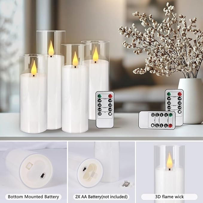 YOROXRG Set of 24 Flickering Flameless Candles Battery Operated with Remote and 2/4/6/8 H Timer Plexiglass Led Pillar Candles with Realistic Moving Wick Candles for Home Decor (D2.2"xH 5"6"7")(White)