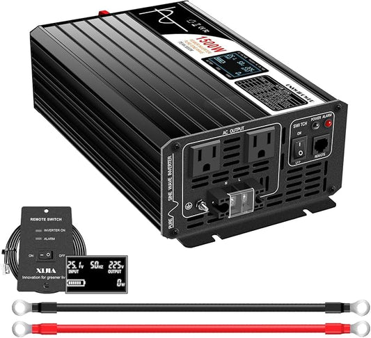 Xijia 1500W Pure Sine Wave Inverter，24V to 120V AC Converter for Home，Solar Systems，Remote and Bluetooth Control for Truck，Camping，with 2 AC Socket，Surge Power 3000W