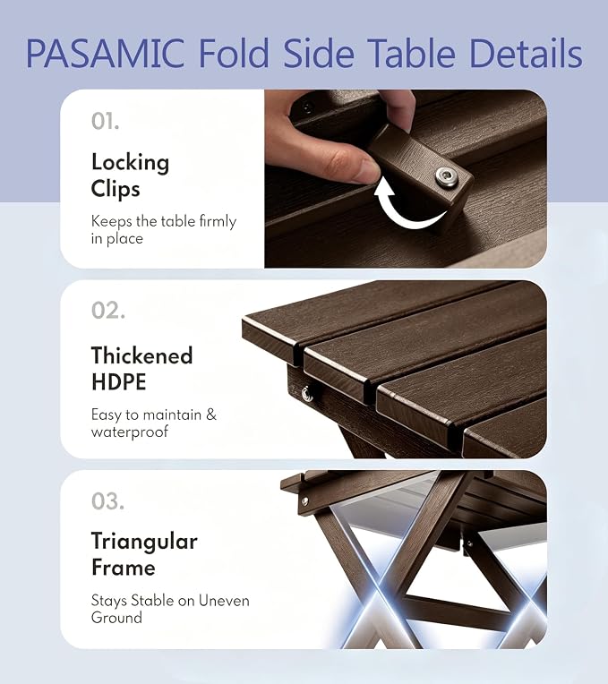 PASAMIC Folding Outdoor Side Table, HDPE Outdoor End Table, All-Weather Patio Table with 17.7" Wide Tabletop, No Assembly, for Porch, Deck, Poolside, Brown