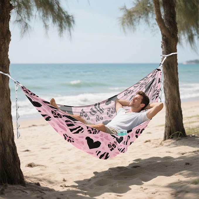 Camping Hammock Outdoor Hammocks for Outside Pink Heart-Shaped Leopard Beach Trees Portable Lightweight with Pockets Tree Straps Indoor
