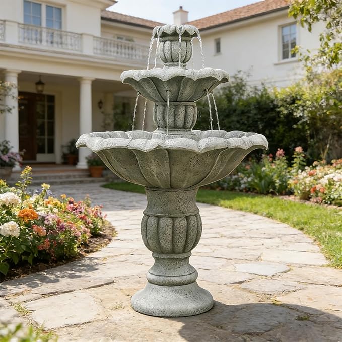 Naturefalls 39.5" Water Fountain Outdoor - Large Waterfall Fountain Outside, 3-Tiers Cascading, Fiber Reinforced Concrete, Indoor and Outdoor Fountain for Garden, Patio, Backyard, Lawn, Yard Decor