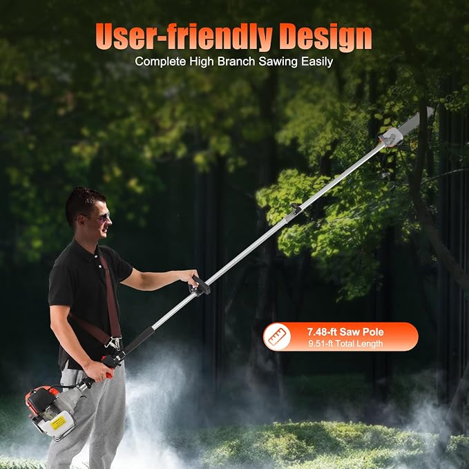 52CC Pole Saw Gas Powered,2 Stroke Gas Pole Chain Saw Cordless Tree Pruner,Extendable Chainsaw Tree Trimmer for Tree Trimming agricultur Pole Saw Gas,Hedge Trimmer W/Extension Pole & Back Strap