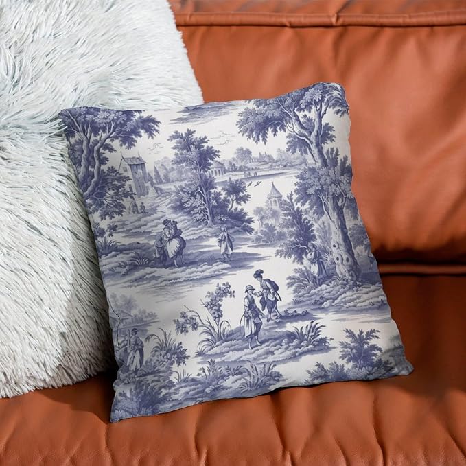 Navy White Blue Decorative Toile Print Cushion Cases French Charmed Life Toile Throw Pillow Cover Modern Throw Pillow Covers Farmhouse Decorative for Patio Tent Couch 20x20 in