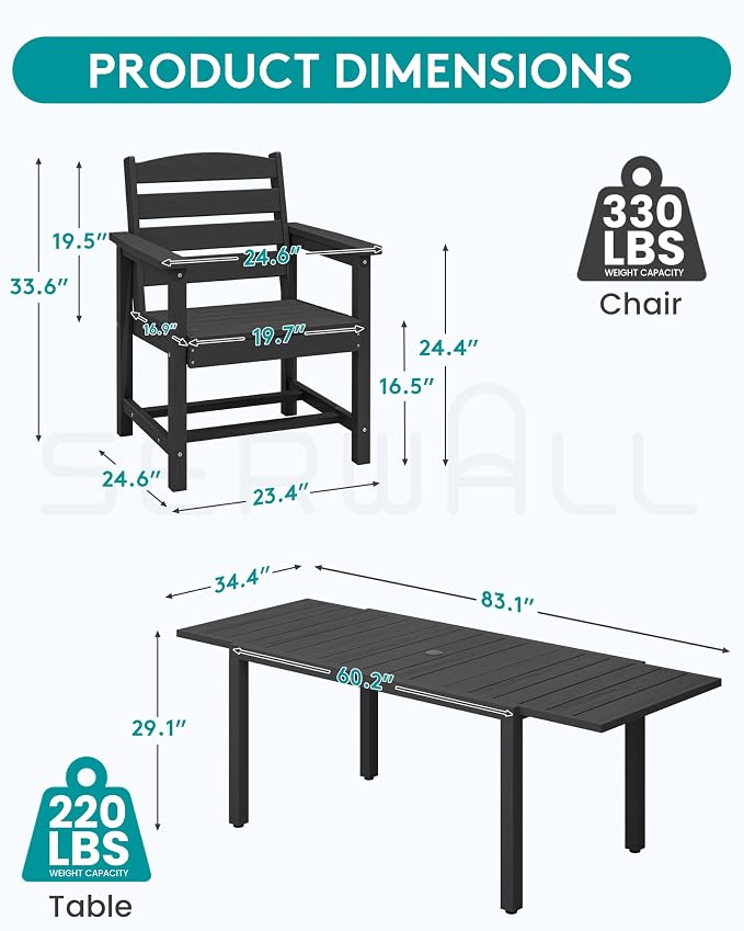SERWALL 10-Piece Patio Dining Sets with 15FT Patio Umbrella, Black | 60" - 83" Expandable Outdoor Dining Table and 8 HDPE Chairs, All Weather HDPE Outdoor Furniture Set