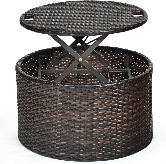 Tangkula Patio Round Daybed with Retractable Canopy, Outdoor Wicker Rattan Furniture Sets, Sectional Sofa Set w/Height Adjustable Coffee Table, Rattan Conversation Sets