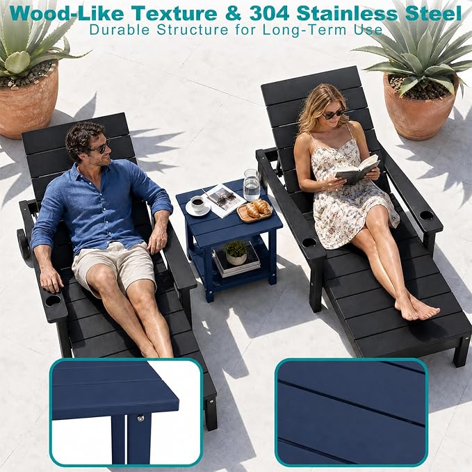 Outdoor Side Table with Storage Shelf, 2-Tier Patio Side Table, HDPE All Weather Outdoor End Tables for Adirondack Chair, Small Patio End Table for Backyard Porch Lawn Poolside, Dark Blue