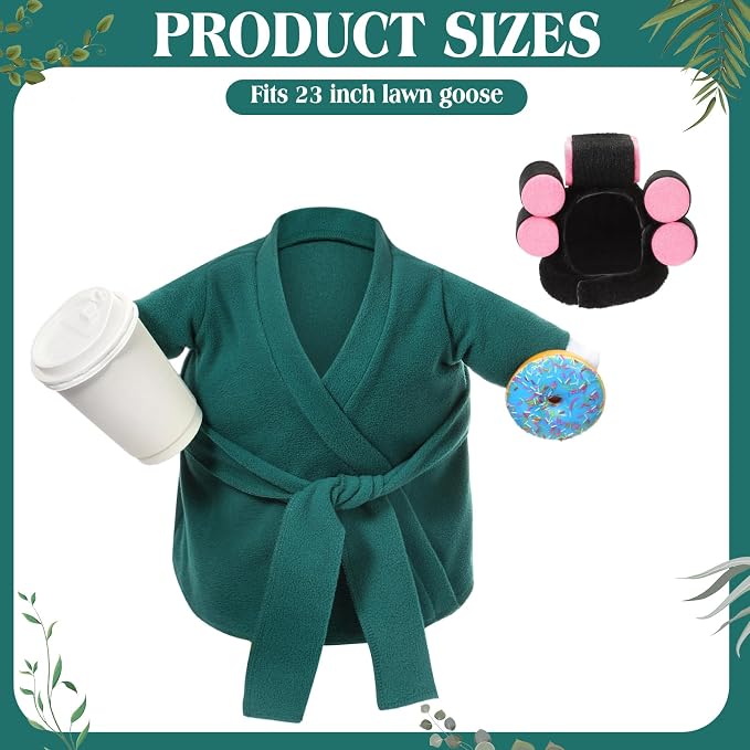 Shyyween Lady Porch Goose Outfit for 23 Inch Cement Plastic Statue Green Bathrobe Goose Clothes with Curlers Coffee Cup for Summer Lawn Garden Yard Patio Decor