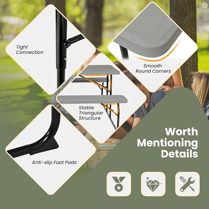 Tangkula Folding Picnic Table with 2 Benches, Outdoor Metal Camping Table Set with Plastic Wood-Like Texture Tabletop & Steel Frame, Foldable Camping Table for Picnic, Party, BBQ (Grey)