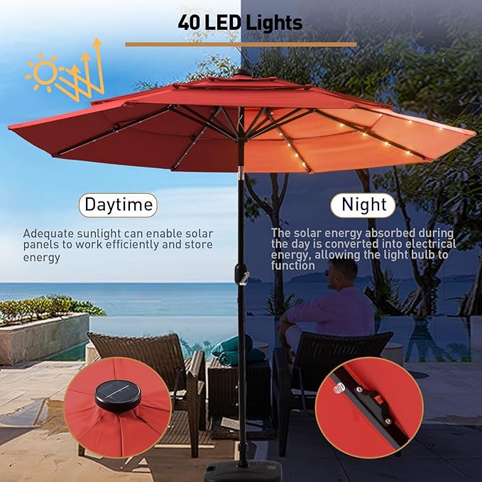 11FT 3 Tiers Patio Umbrella for Outside, Outdoor Umbrella with Solar LED Lights, Market Patio Table Umbrella with 8 Sturdy Ribs, Pool Umbrella for Garden, Pool, Backyard, Burgundy