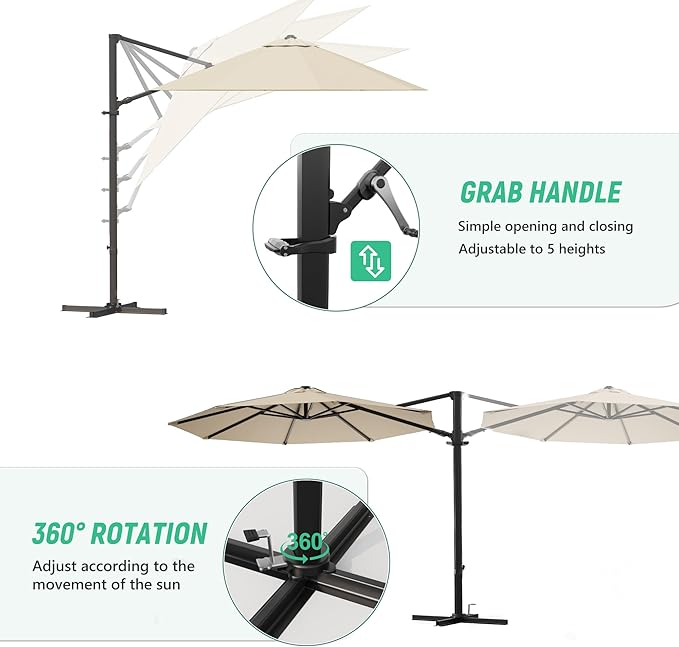 Greesum 10FT Outdoor Patio Umbrella with High Pedel and 4 Gear Heights, Large Offset Market Umbrella with 360-degree Rotation, Without Base, Hanging Outdoor Shade for Garden, Lawn, Pool, Beige