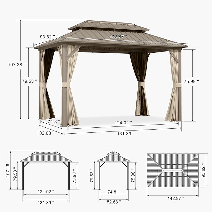PURPLE LEAF 8' x 12' Outdoor Hardtop Gazebo, Champagne Aluminum Gazebo with Galvanized Steel Double Roof, Curtains and Netting for Patio Lawn and Garden