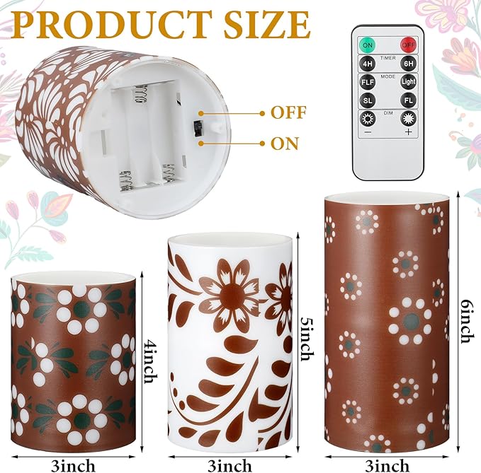 Baquler 3 Pcs Cielito Lindo Mexican Barro Flameless Candles with Remote Timer Battery Operated LED Flickering Pillar Platos De Barro Mexican Home Decor Talavera Decor Mexico Gifts Holiday Decorations