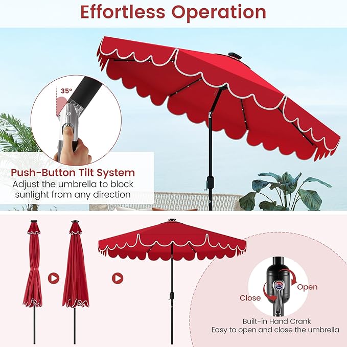 HAPPYGRILL 10 FT Patio Umbrella with Solar Lights, Market Sunshade with Ruffles, Vented Top, Tilt Adjustment & Built-in Crank, Outdoor Parasol Canopy for Backyard Poolside Deck Beach Lawn