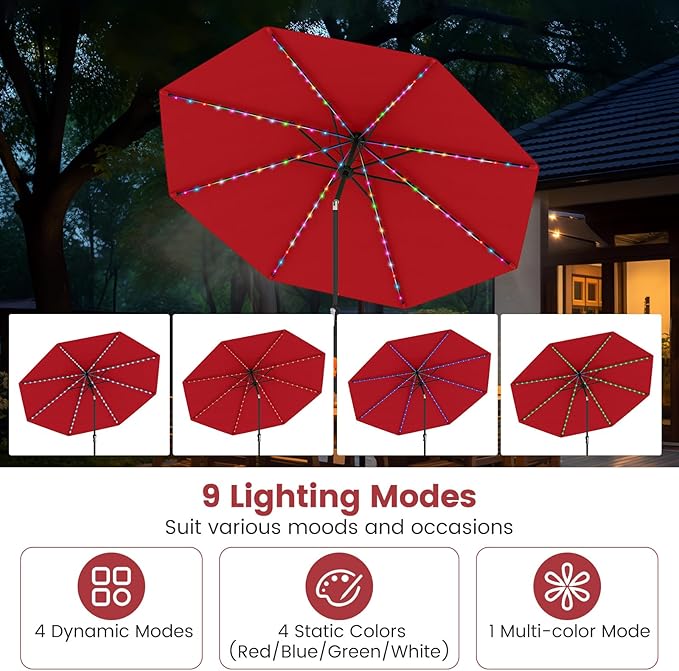 Tangkula 10 FT Solar Patio Umbrella, Outdoor Market Table Umbrella with 96 Multi-Colored Flowing LED Lights, 9 Modes, Tilt Adjustment, Crank Handle, 8 Ribs, Vented Top for Backyard Poolside Deck Lawn