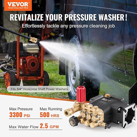 VEVOR Pressure Washer Pump, 3/4" Shaft Horizontal Triplex Plunger, 3300 PSI, 2.5GPM, Replacement Power Washer Pumps Kit with 5 Nozzles, Compatible with Simpson MorFlex 40224, 40225, 40226, Santoprene