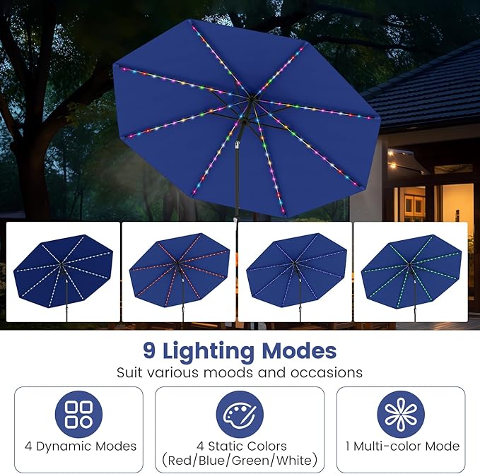 Tangkula 10 FT Solar Patio Umbrella, Outdoor Market Table Umbrella with 96 Multi-Colored Flowing LED Lights, 9 Modes, Tilt Adjustment, Crank Handle, 8 Ribs, Vented Top for Backyard Poolside Deck Lawn