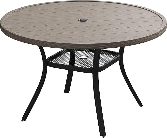 VICLLAX 47.2" Round Patio Table, Outdoor Dining Table for 6 with Umbrella Hole for Garden Lawn Deck Backyard, Antique Grey