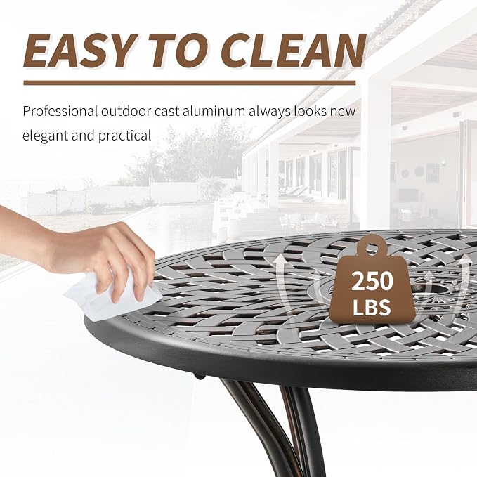 31inch Patio Bistro Table All Weather Patio Table with Umbrella Hole, Retro Cast Aluminum Bistro Table Round Metal Side Table, Bronze