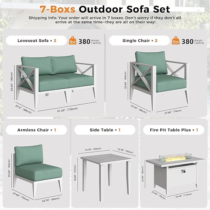Aluminum Outdoor 7-Seats Patio Furniture Set with 43" Fire Pit Table, Sectional Conversation Sofa with 5.2" Thick Cushions & Coffee Table, Rust-Resistant Frame Seating Sofa for Porch, Backyard, White
