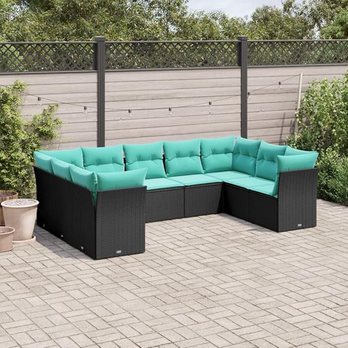 9 Piece Patio Sofa Set with Cushions, Outdoor Dining Sets Front Porch Furniture Porch Furniture Set Patio Conversation Set for Exhibition Piazza Poolside Garden Black Poly Rattan