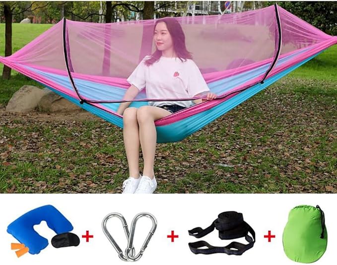 Camping Hammock, Hammock Outdoor Mosquito and Rainproof Swing Sling Wild Air Tent and Mosquito Net Ultralight Double Camping Bed(Pink)
