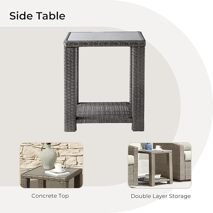 CHITA 3 Pieces Wicker Patio Bistro Set, Outdoor Furniture Set with 2 Pieces Rattan Swivel Chairs, Thickened Cushions and Side Table, Beige Cushions with Grey Wicker