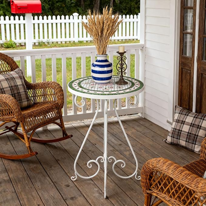 Vintage Outdoor Side Table Round Mosaic Ceramic Tile Top 14" Diameter Metal Plant Stand for Flower Pots Vase Garden Home Porch Pool Indoor Decor Weather Resistant Outside Patio Accent End Furniture