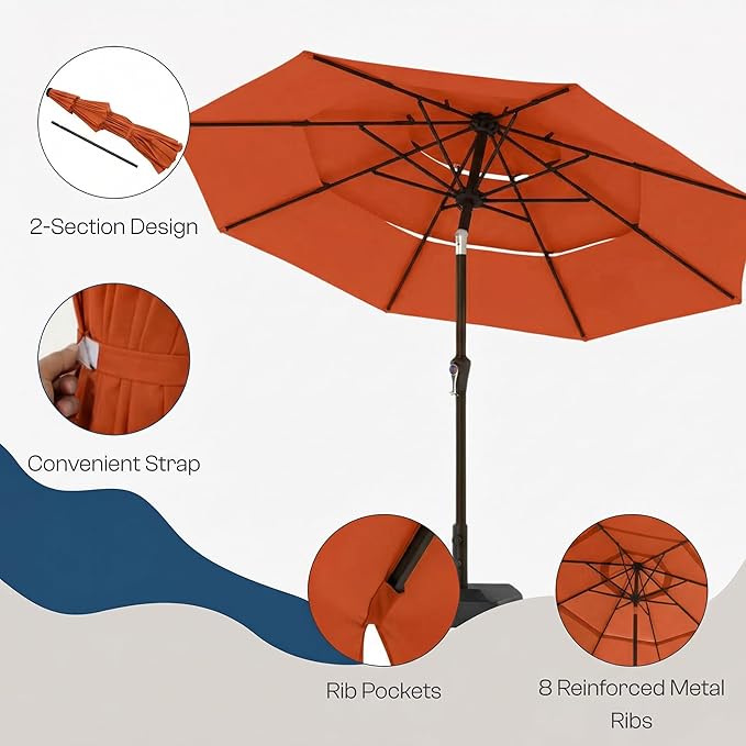 10ft 3 Tier Patio Umbrella, Outdoor Market Table Umbrella with UPF 50+ Vented Canopy, 8 Sturdy Ribs, Easy Push Button Tilt and Crank, Windproof for Deck, Pool, Backyard and Garden