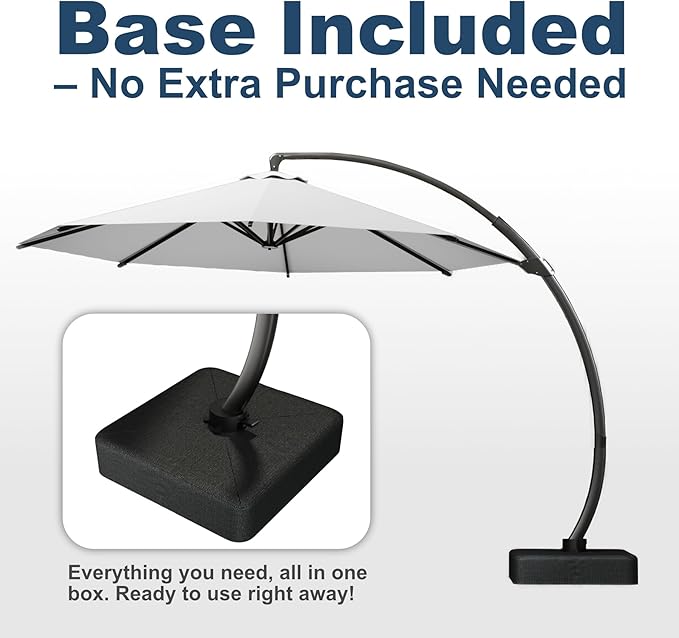11FT Cantilever Umbrella with Base Large Curvy Outdoor Aluminum Offset Umbrella w/ 360° Rotation, UV Resistant Canopy for Patio, Garden, Backyard, Light Gray