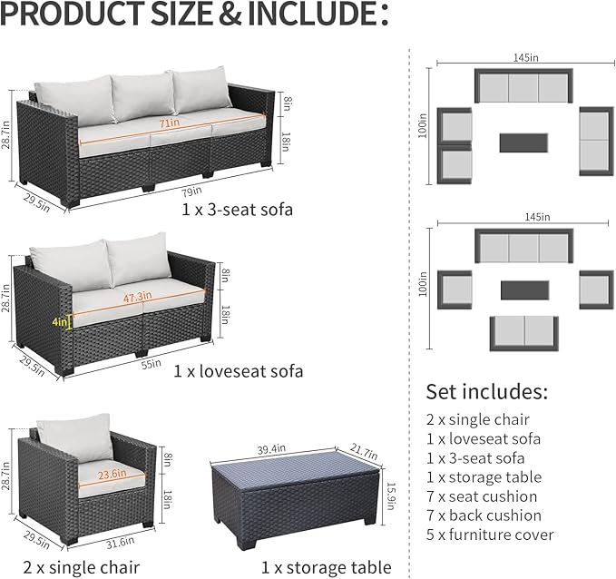Rattaner 5-Piece Patio Furniture Sofa Set Outdoor Wicker Sectional Couch with Storage Table Non-Slip Cushions Furniture Covers, Grey